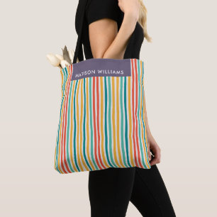 Tote Bag Lignes colorées bandes verticales nom personnalisé