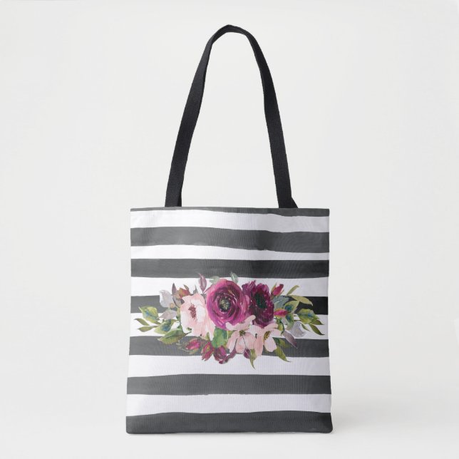 Tote Bag Lignes noires et blanches et florales (Devant)