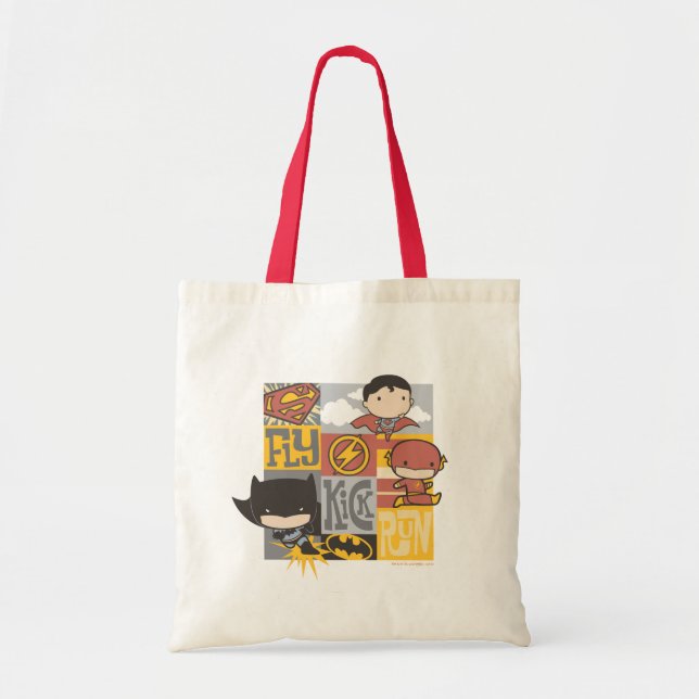 Tote Bag Ligue de justice de Chibi | Voler, Tirer, Exécuter (Devant)