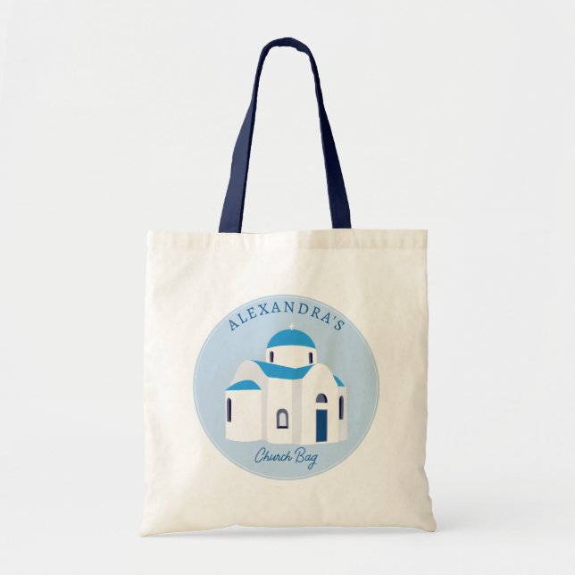 Tote Bag L'île grecque Santorin Blue Dome Eglise Monogramme (Devant)