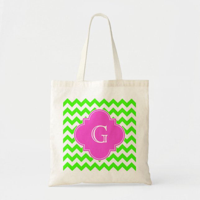Tote Bag Lime Green Chevron Hot rose Quatrefoil Monogramme (Devant)