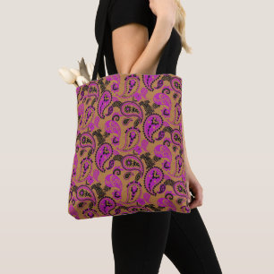 Tote Bag Linocut Paisley Traditionnel Vivid Moutard Rose