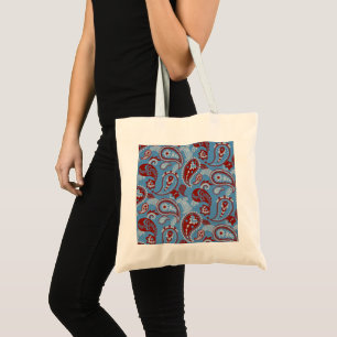 Tote Bag Linocut traditionnel Paisley Rouge Bleu Blanc