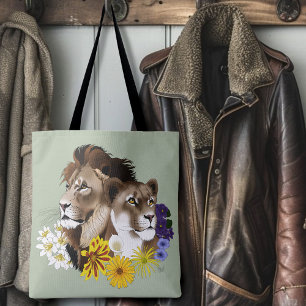 Tote Bag Lion Lionne Floral Vert