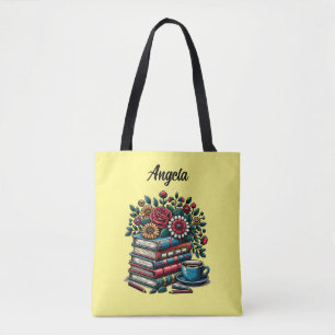 Tote Bag Livres anciens personnalisés, café et fleurs