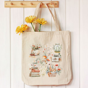 Tote Bag Livres Champignon Floral Fantaisiste Art Cottageco