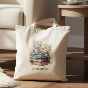 Tote Bag Livres empilés de fleurs personnalisés