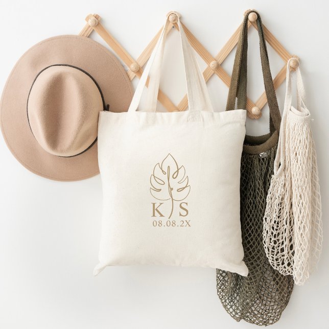 Tote Bag Logo du Mariage Monogramme Monstera Personnalisé (Créateur téléchargé)