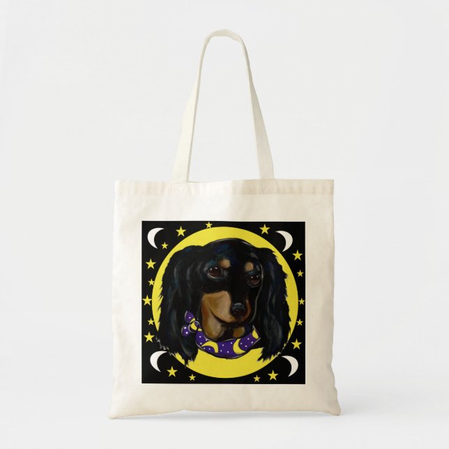 Tote Bag Long Haired Black Dachshund (Devant)