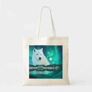 Tote Bag Loup arctique et nuit magique avec aurores boréale