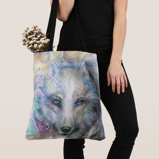 Tote Bag Loup blanc artistique coloré (De près)