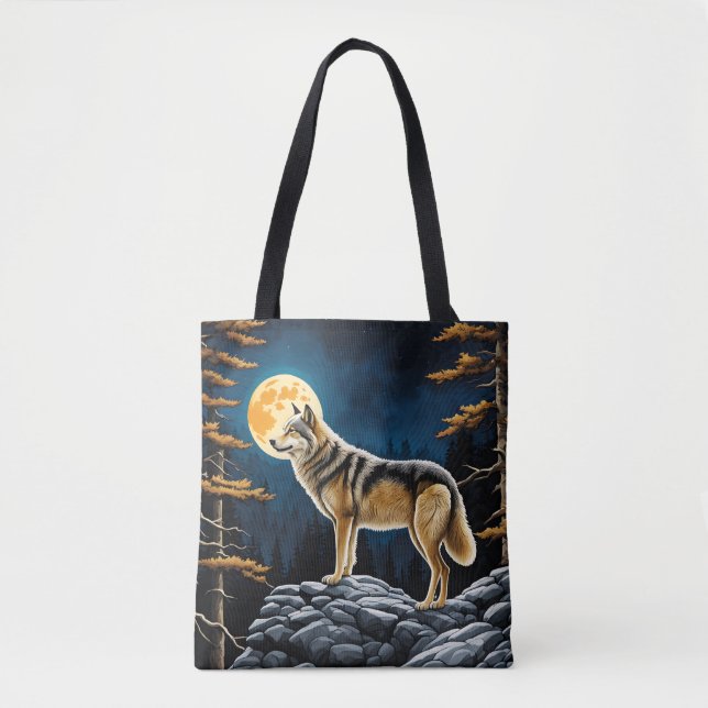 Tote Bag Loup dans la forêt avec lune jaune (Devant)