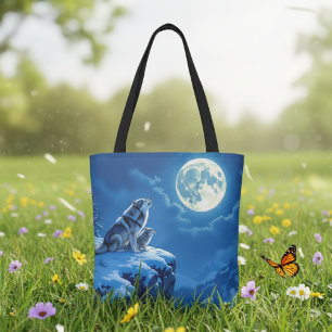 Tote Bag Loup et bébé ourlet à la Pleine lune