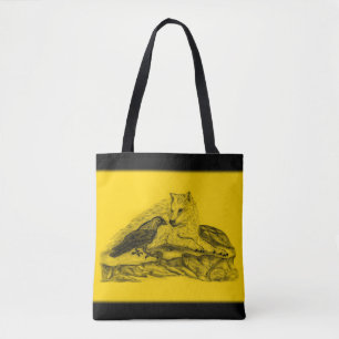 Tote Bag Loup et corbeau - Design noir et jaune