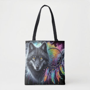 Tote Bag Loup noir avec un catcheur de rêves