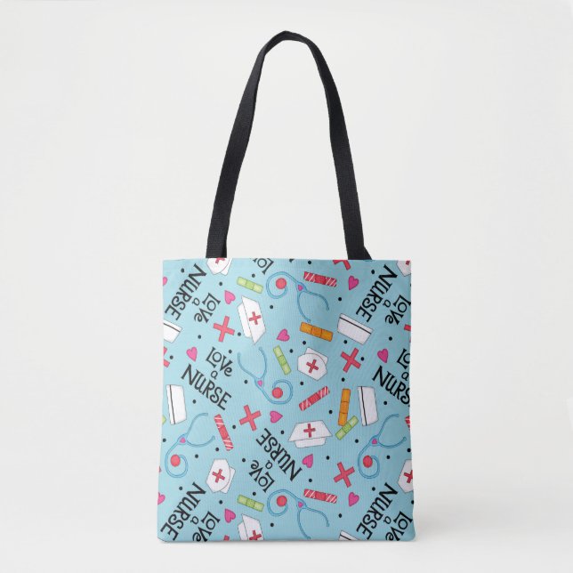 Tote Bag Love a Nurse Art Turquoise avec Nurse Motifs (Devant)
