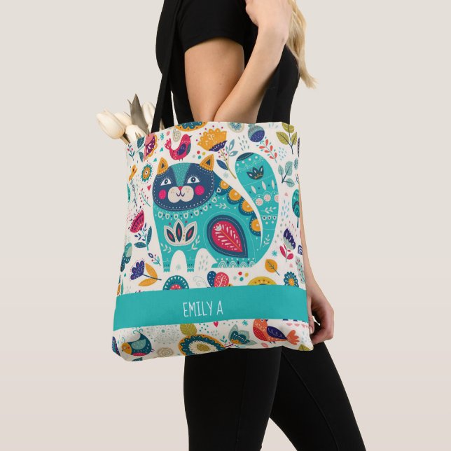 Tote Bag Love Cats Scandinaves Folk Art Flowers Birds Nom (De près)