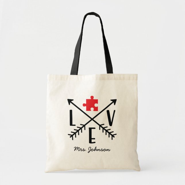 Tote Bag Love Flèches Puzzle Pièce | Professeur d'autisme (Devant)