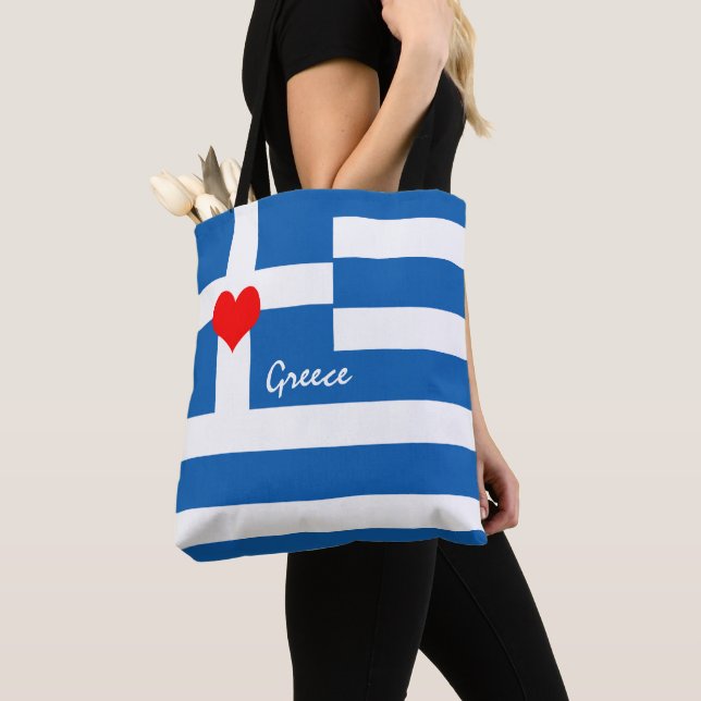 Tote Bag Love Greece & Heart, drapeau grec, voyage /sports  (De près)