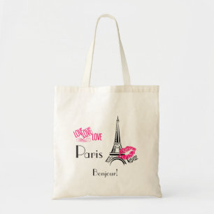 Tote Bag Love Paris with Eiffel Tower on Vintage Pattern
