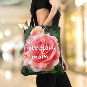 Tote Bag Love You Mom Script Rose Fleur Photo Moderne