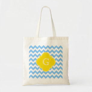 Tote Bag Lt Blue Blanc Chevron jaune Quatrefoil Monogramme