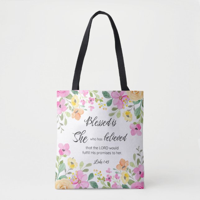 Tote Bag Luc 1:45 Béni est Elle, Écriture Féminine Floral (Devant)