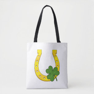 Tote Bag Lucky Golden Horseshoe avec Shamrock en blanc