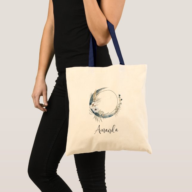 Tote Bag Lune de croissant bleu avec fleurs blanches (Devant (produit))