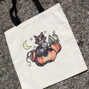 Tote Bag Lune de patchs Citrouille de chat noir