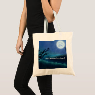 Tote Bag Lune d'Halloween à la nuit dans les tons bleu et v