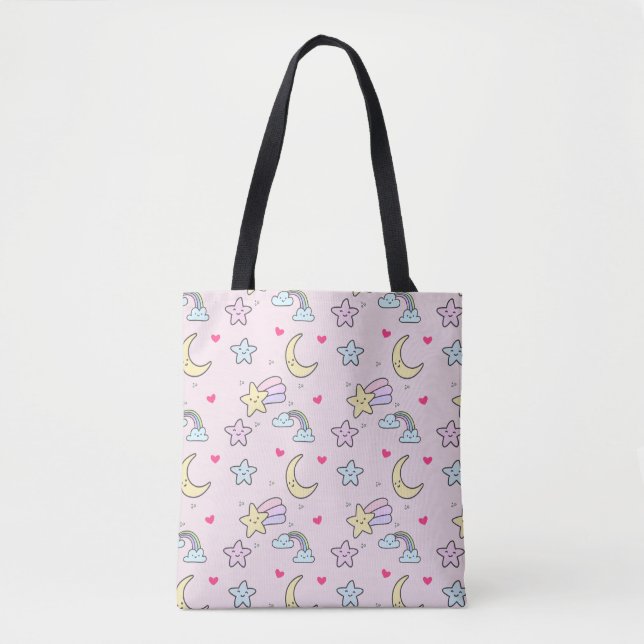 Tote Bag Lune, étoiles et nuages Motif sur Pastel Pink (Devant)