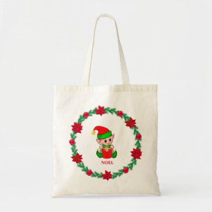 Tote Bag Lutin de Noël, couronne de pin et poinsettias