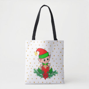 Tote Bag lutin de Noël, pin, poinsettia et étoiles