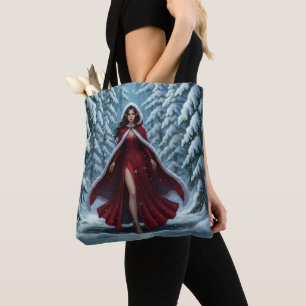 Tote Bag Lutine de Noël en rouge dans une forêt enneigée d'