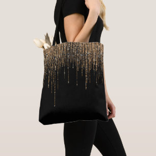 Tote Bag Luxe Chic Black Gold Fringe Parties scintillant ét