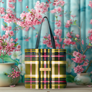 Tote Bag Luxe Personnalisé Carreaux Vert Olive, Or et Rose