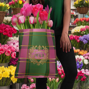 Tote Bag Luxe Prépa Élégant Carreaux Monogrammé Rose et Ver