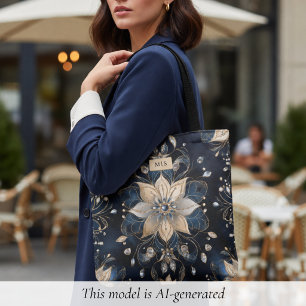 Tote Bag Luxueux fleurs Navy Or