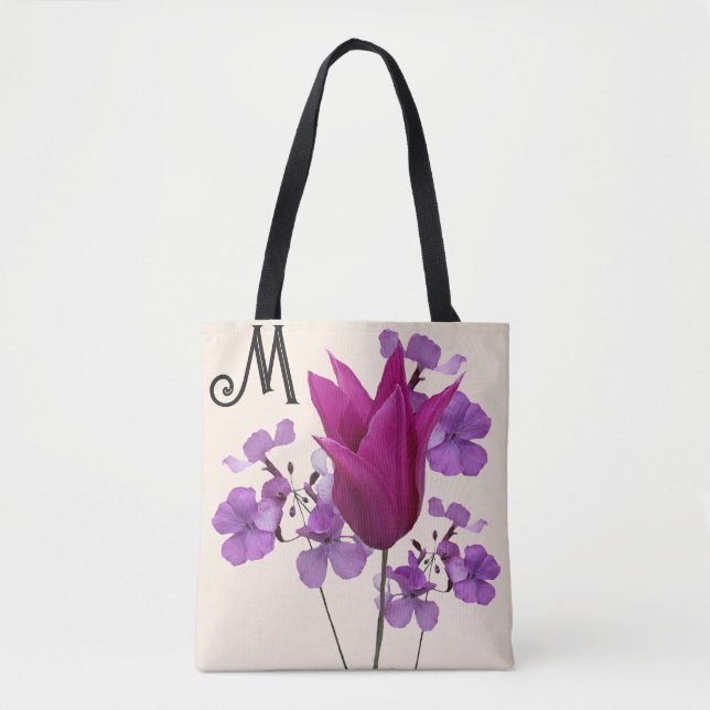 Tote Bag M monogramme jolie fleur de tulipe rose violet gir (Devant)