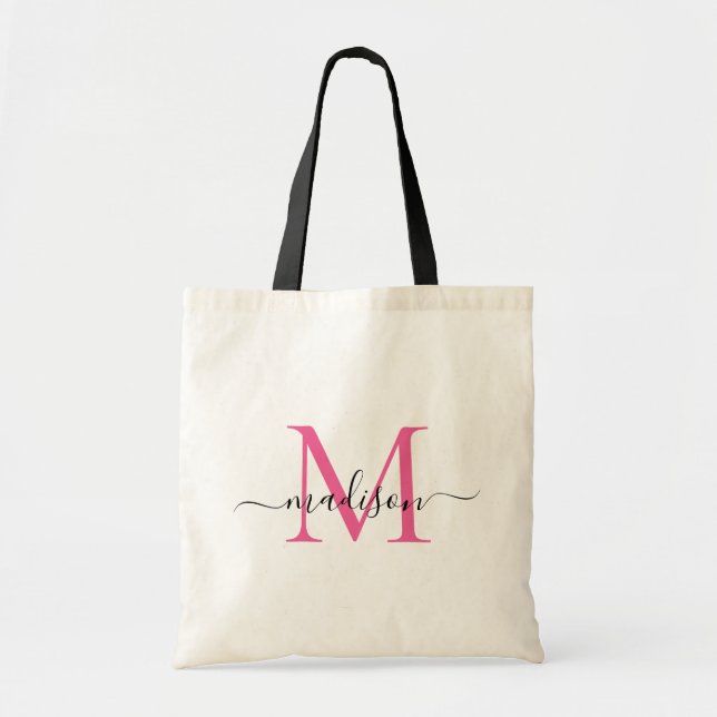 Tote Bag Magenta Rose Blanc Monogramme Élégant Nom Script (Devant)