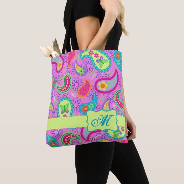 Tote Bag Magenta rose moderne Paisson Monogramme (De près)