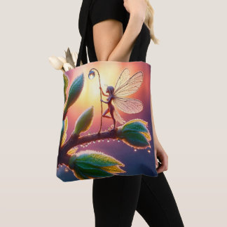 Tote Bag Magical fairy with dewdrop lantern on the branch