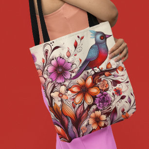 Tote Bag Magnifique oiseau rouge et fleuri été
