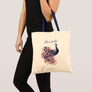 Tote Bag Magnifique Paon Bleu Rose Bleu Marine