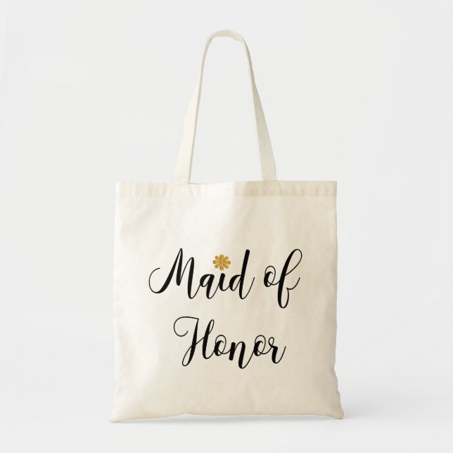 Tote Bag Maid of Honor Black Text avec-Gold-Flower-Modern (Devant)