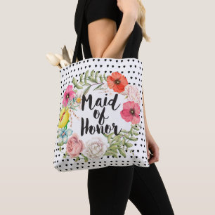 Tote Bag Maid of Honor Typography Aquarelle Floral Wreath