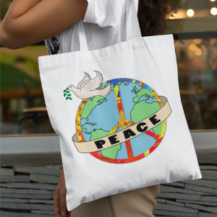 Tote Bag Main colorée rétro tirée la paix mondiale avec la 