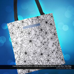 Tote Bag Main dessinée Floral Blanc Noir Motif & Bleu Nom