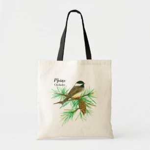 Tote Bag Maine Bird Chickadee White Pinecone Tassel